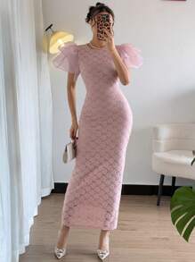 Chiquease 2pcs European And American Stylish Patchwork Ruffled Sleeve Fitted Lace Dress For Women, Random Flower Pattern, Spring/Summer - Pink - View 8