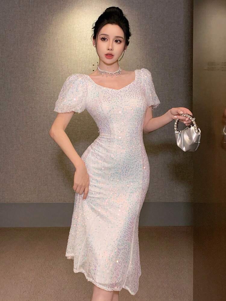 Women's Square Neckline Puff Sleeve Sequin Midi Dress Prom Dress Party Women,Ruffle Homecoming Dresses Luxury Elegant Women Dresses New Year Eve Dress Sparkly Dress