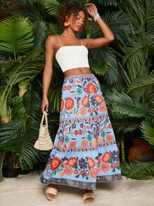 Travachic Vacation Floral Print Ruffle Hem Crinkle Skirt, Summer Beach Style Women - Baby Blue - View 6