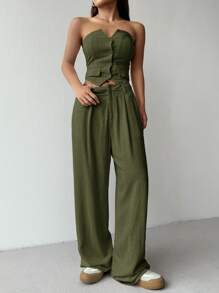 SHEIN EZwear 2pcs/Set Women Casual Solid Color Bandeau Top And Long Pants - Green - View 4