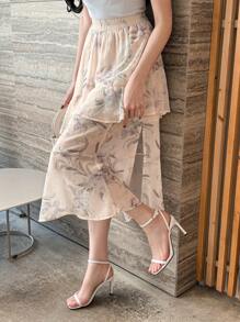 DAZY Damen eleganter asymmetrischer Rüschen-Elastikbund Rock mit Blumendruck - Aprikosenfarben - Übersicht 5