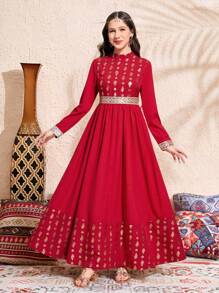 SHEIN Elegant Red Foil Leaf Pattern Maxi Dress For Teen Girls, With Gold Woven Belt Decor - Red - View 2