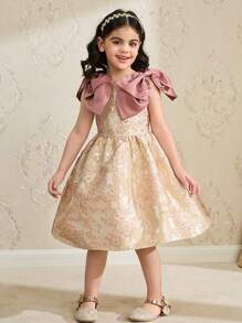 SHEIN Young Girl Floral Jacquard Bow Shoulder Sleeveless Dress - Multicolor - View 6
