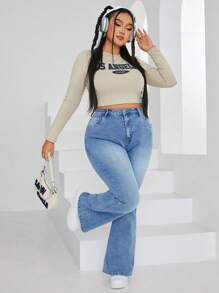 SHEIN CURVE+ Quần ống loe denim co giãn cỡ lớn gợi cảm dành cho nữ - Màu xanh lam - Xem 4