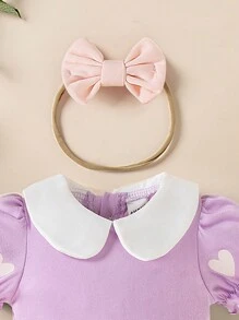 SHEIN Princess Style Dress Set For Toddler Girls, Includes Collar Heart Print Short Sleeve Romper, Tulle Overlay, Bow Headband, Fashion Cute Party Outfit - Purple - View 5