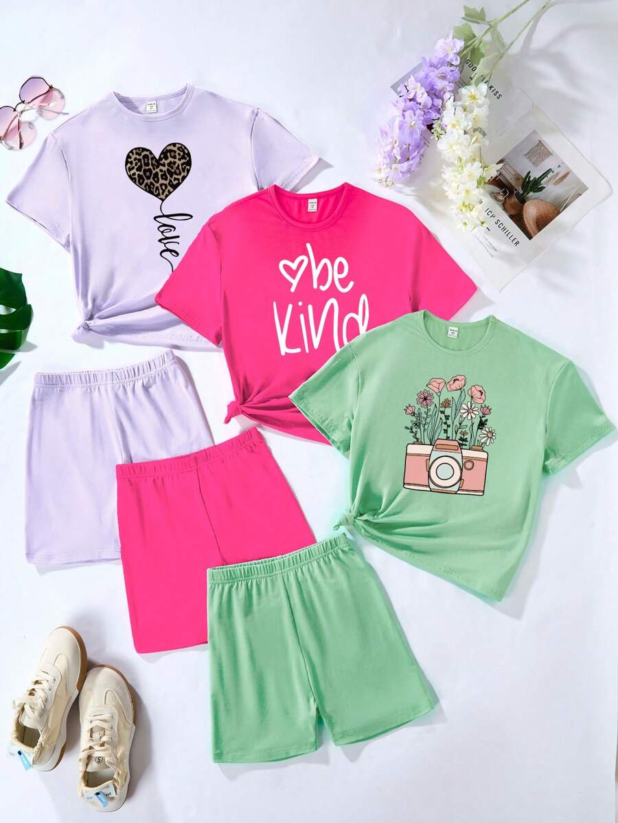 SHEIN 3pcs/Set Tween Girl Casual Cute Leopard Print, Heart, Camera, Flower, Slogan Graphics T-Shirt And Shorts Outfit, School, Campus, College - Multicolor - View 1