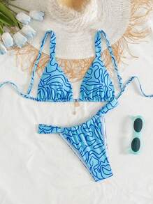 SHEIN Swim Set de 2 piezas: Top de bikini tipo bralette con estampado simple y aleatorio, y Bottom triangular con cintura ajustable - Multicolor - Ver 2