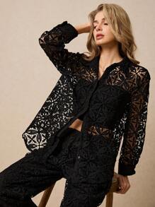 Poéselle 2 Stücke/Set Damen elegante Bluse mit Spitzeneinsätzen und Lange Hose, Anzug für Urlaub, Urlaubsoutfit Damen, Zweiteiler für den Urlaub, geeignet für Alltag, Straße, Dates, Pendeln, Zuhause und andere Anlässe zum Tragen