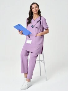 Scrubzie 2pcs/Set Women Wrinkle Resistant Loose V-Neck Contrast Color Long Top & Long Pants /Nursing Scrub Uniform - Purple - View 3