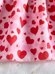 Girls Sweet Casual Solid Color Lotus Ruffle Hem Heart Pattern Short Sleeve Dress - Multicolor - View 8