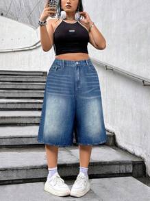 SHEIN EZwear Plus Size Black Casual Loose Wide Leg Capri Jeans - Medium Wash - View 5