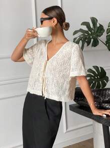 Serisse Women's Casual Minimalist Mesh Textured Pattern Top For Everyday Wear Summer Outfits For Women Summer Tops  Shirts Women French Short Sleeve Shirt