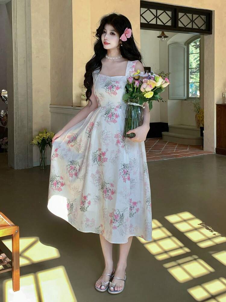 Sleeveless Floral Print Square Neck Midi Dress For Women Sundress Easter