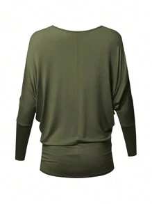 Hanevo Women's Fashionable Loose Fitting Round Neck Batwing Sleeve Side Ruched Long Sleeve T-Shirt - Army Green - View 2