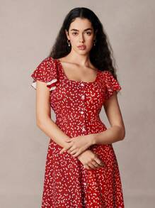 SHEIN Frenchy Women's Heart Print Square Neck Ruffle Sleeve Single-Breasted Casual Dress Summer Christmas New Year Thanks Giving Red