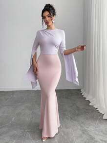 Chiquease Contrast Color Block Fitted Round Neck Draped Bust Extra Long Sleeve Split Cuff Maxi A-Line Hem Elegant Luxurious Sexy Dress, Suitable For Holiday Party Wedding Spring Autumn - Pink - View 4