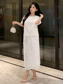 DAZY 2pcs Glitter Loose T-Shirt And Skirt Set For Women