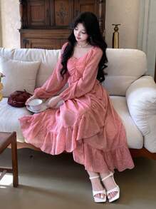 DAZY Women's Midi Ruffle Trim & Floral 3D Applique Halter Neck Dress Prom Dress,Casual Women Dresses,Fall Dress Long Sleeve Dress - Pink - View 5