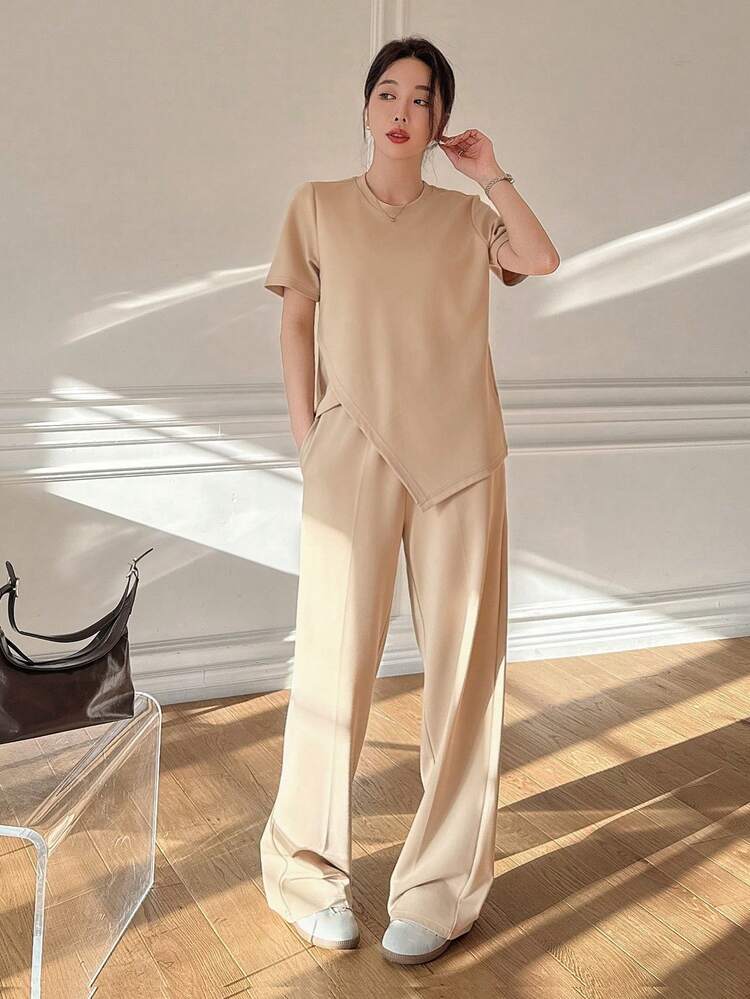 2pcs Women Casual Asymmetrical Hem T-Shirt And Wide Leg Pants Set