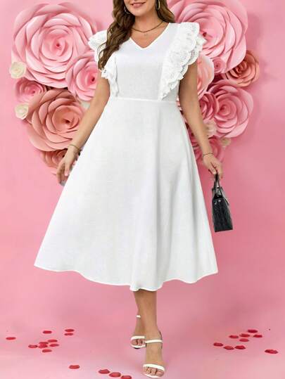 SHEIN Clasi Vestido elegante largo de mujer con talla grande y curvas, de color blanco sólido, con cuello en V, dobladillo con volantes y cintura ceñida en forma de A. Apto para uso empresarial casual, salidas, San Valentín, verano/primavera, vintage, ropa de oficina, vacaciones, ropa de San Valentín, vestidos modestos para mujer