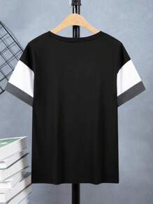 Tween Boy Patchwork Pattern Casual T-Shirt, Simple Fashion Everyday Wear, Spring/Autumn - Black - View 2