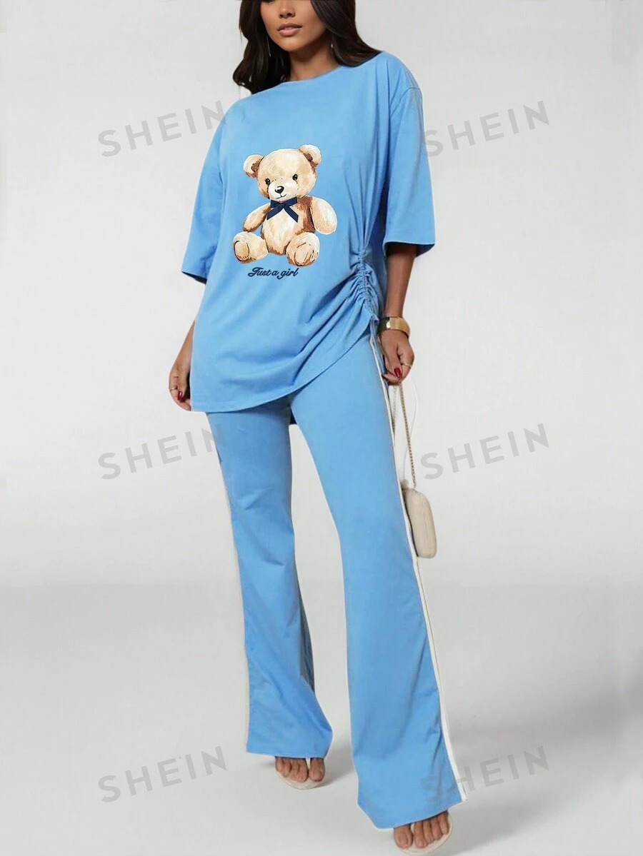 INAWLY Set de 2 piezas de mujer, camiseta azul casual con estampado de oso y pantalones