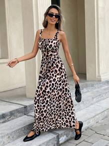 SHEIN Frenchy Women's Leopard Print Front Tie Sleeveless Dress Summer Cheetah Casual - Multicolor - View 3