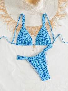 SHEIN Swim Set de 2 piezas: Top de bikini tipo bralette con estampado simple y aleatorio, y Bottom triangular con cintura ajustable - Multicolor - Ver 3