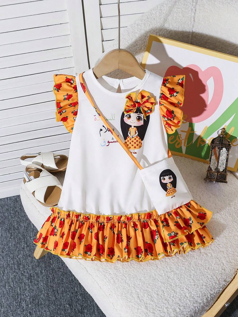 Baby Girl Cartoon Girl Print Round Neck Short Cap Sleeve Cute Dress - Multicolor - View 1