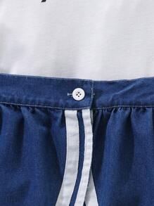 SHEIN Explorewe 青少年女孩两件套休闲风格圆领短袖字母长T恤搭配条纹不对称牛仔裙，适合春夏秋季外出、日常穿着、上学、聚会等各种场合 - 藍色 - 查看 5