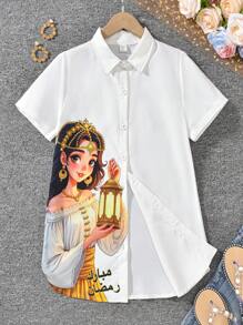 1pc Tween Girls White Lantern Sleeve Midi Blouse, Spring/Summer - White - View 5