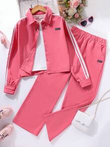 SHEIN 2 件套青少年女孩时尚紫红色上衣和紫红色裤子，休闲装 - 玫紅色 - 查看 7