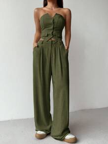 SHEIN EZwear 2pcs/Set Women Casual Solid Color Bandeau Top And Long Pants - Green - View 5