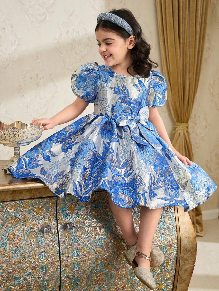 Girls Floral Jacquard Round Neck Puff Sleeve Cute Mini Dress - Blue - View 1