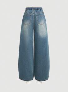 SHEIN Retro Blue & Yellow Denim Loose Wide Leg Pants For Teenage Girls - Dark Wash - View 2