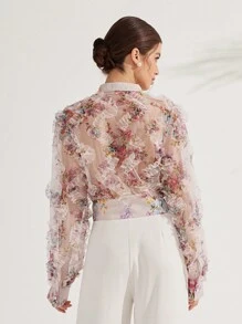 Aveloria Random Printed Long Sleeve Blouse Button Up Shirt Women  Elegant Fashionable Style For Spring Fall - Pink - View 3