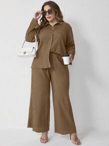 Mulvari Plus Size Vintage Style Collared Simple Top And Loose Wide-Leg Pants 2 Pieces Set - Brown - View 3