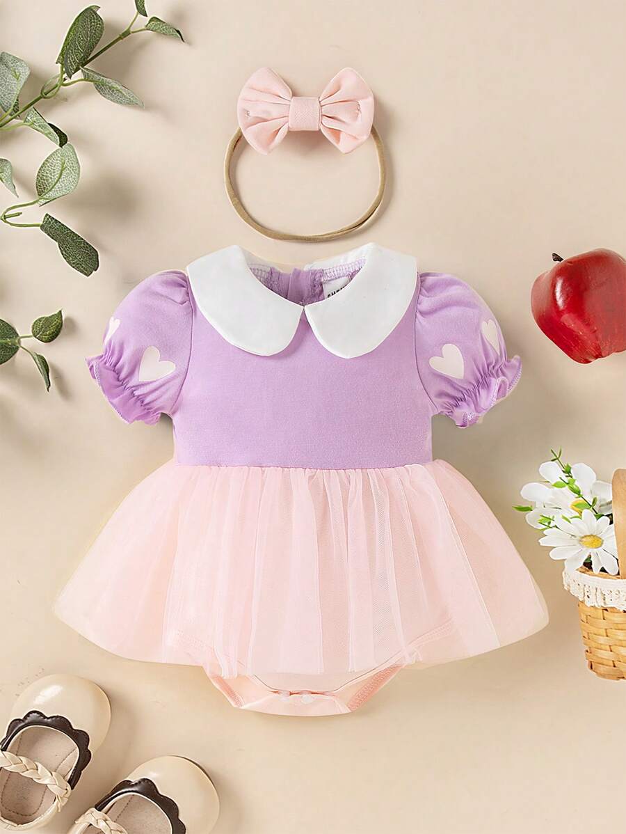 SHEIN Princess Style Dress Set For Toddler Girls, Includes Collar Heart Print Short Sleeve Romper, Tulle Overlay, Bow Headband, Fashion Cute Party Outfit - Purple - View 1
