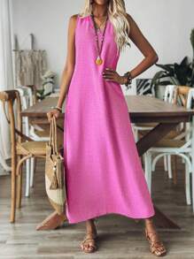 Breezaya Women's Casual Pink Maxi Dress: Sleeveless V-Neck Summer Sundress Women Elegant Dresses Summer Dresses For Women Women Long Dresses - Hot Pink - View 3