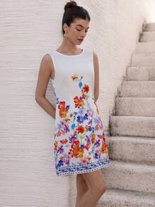 Chiquease Southern France Style Sleeveless Round Neck A-Line Short Dress With Vibrant Watercolor Graphic Print - Multicolor - View 5