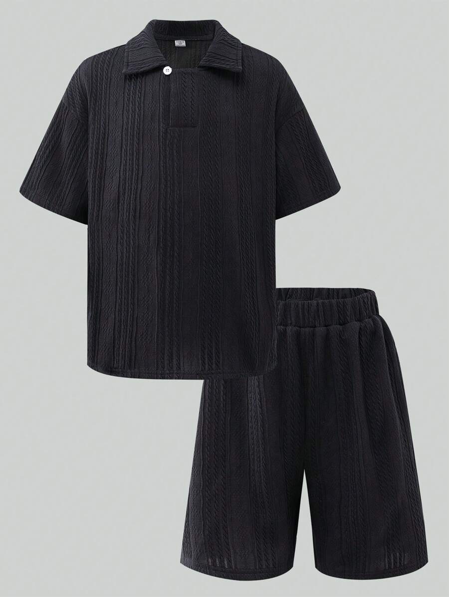 SHEIN Set de 2 piezas con outfit casual y cómodo para niños preadolescentes, top de manga corta con cuello polo y cierre parcial de cremallera, y short