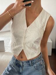 Siren Gaze Top sin mangas blanco puro con bordado, de estilo "Old Money", casual y lindo para verano, para salir