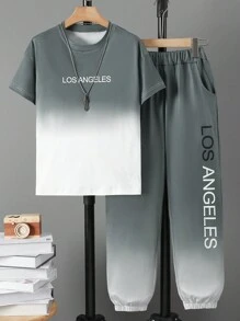 SHEIN 青少年男孩两件套休闲套装、短袖街头风格T恤和户外运动裤 - 彩色 - 查看 2