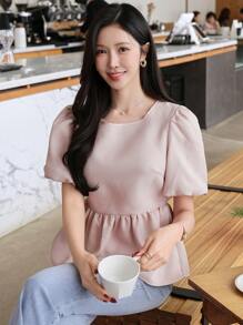 DAZY Women's Casual Solid Color Puff Sleeve Blouse, Summer,Babydoll Top - Pink - View 3