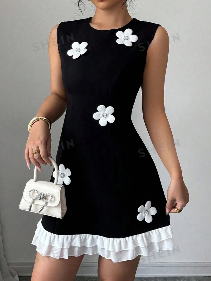 Rafferiza Vestido corto de tirantes negro y blanco ajustado, casual y versátil, con decoración floral y bajo con volantes para mujeres