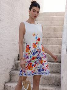 Chiquease Southern France Style Sleeveless Round Neck A-Line Short Dress With Vibrant Watercolor Graphic Print - Multicolor - View 3