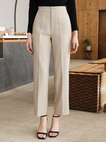 Wynsel Calça casual reta plissada de cor sólida para mulheres, Calça social feminina para uso em negócios no outono/inverno - Caqui - Visão 3