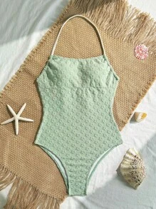 SHEIN VCAY 女士纯色提花吊带连体泳衣