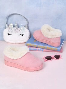 Mini mi Top Seller Kid's Plush White Lining Round Toe Suede Pink Slip-On Slippers - Versatile, Cozy & Comfortable