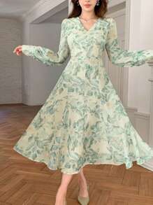 DAZY 1 pieza Vestido floral con cuello en V y mangas con volantes para mujer